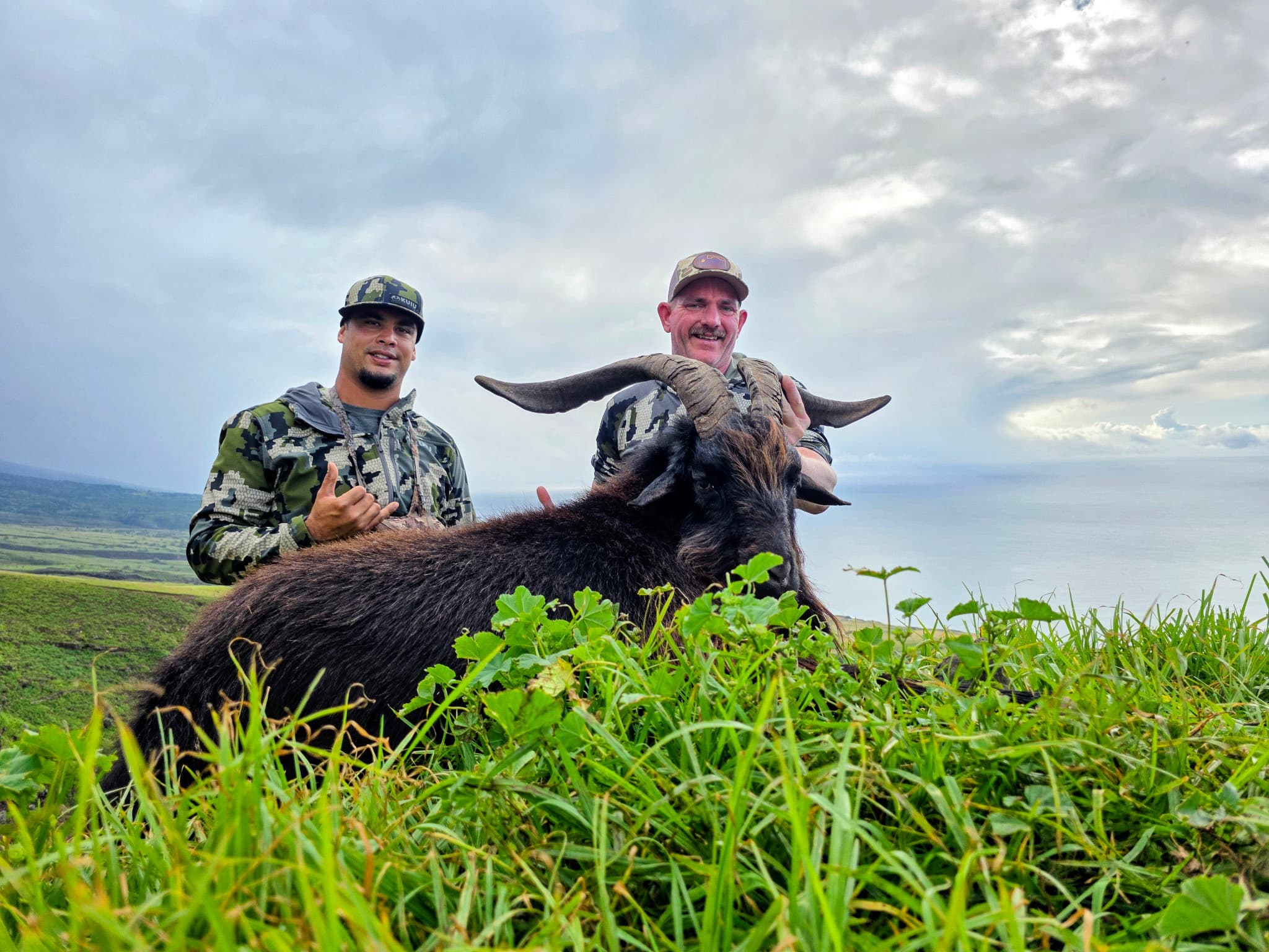 Two camouflaged hunters kneel with a black Spanish goat in tall green grass above the Maui coastline